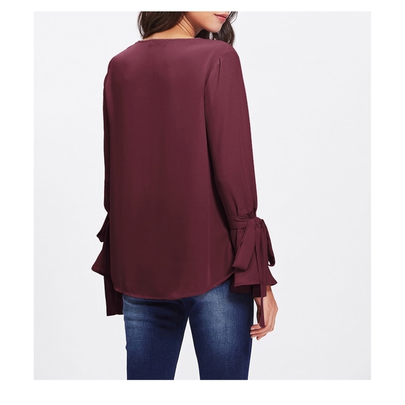 Burgundy Red Bow Sleeve Pearl Embellished Blouse - Picture 6 of 8